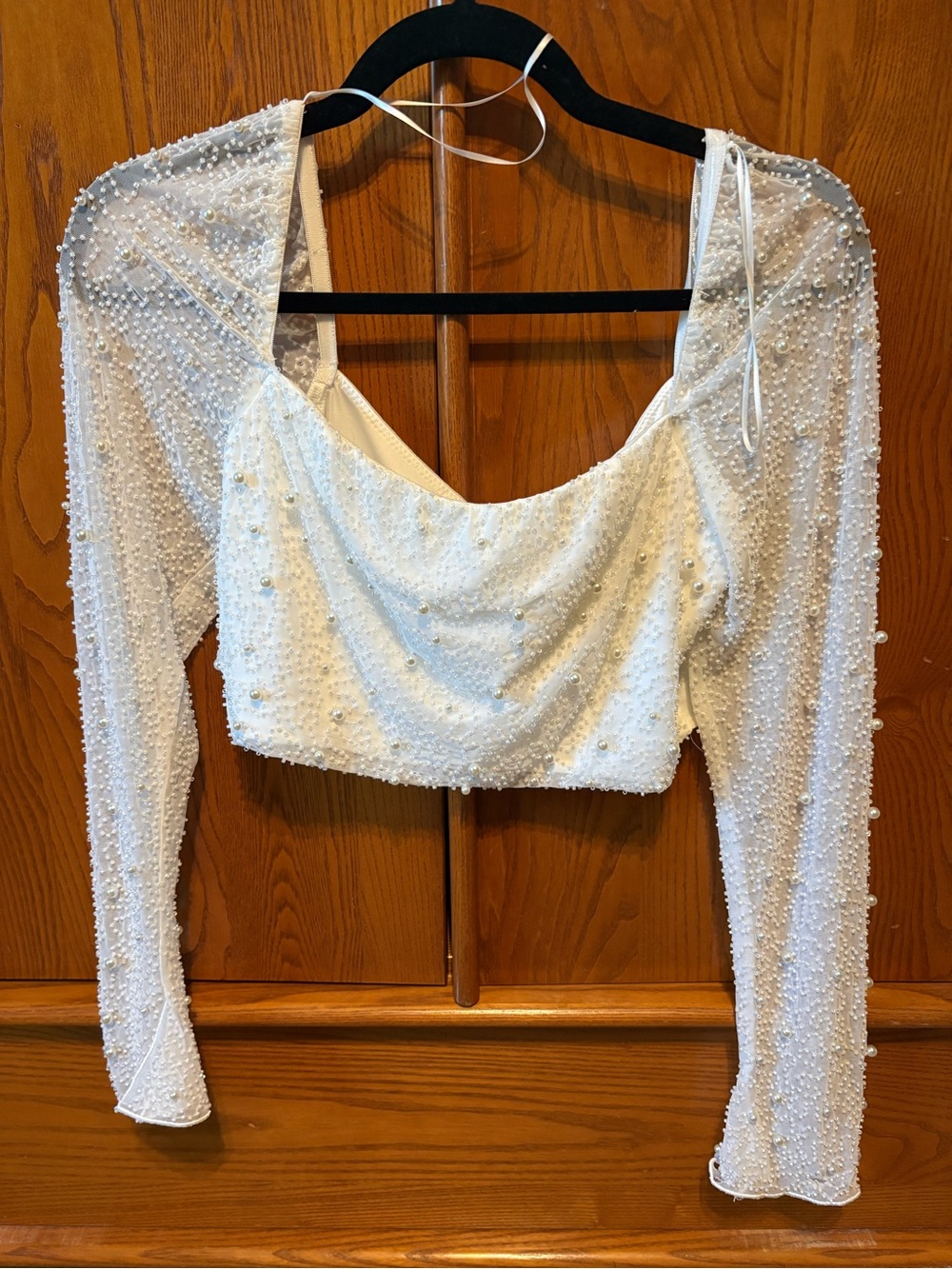 12th Tribe White Pearl-Embellished Long-Sleeve Crop Top